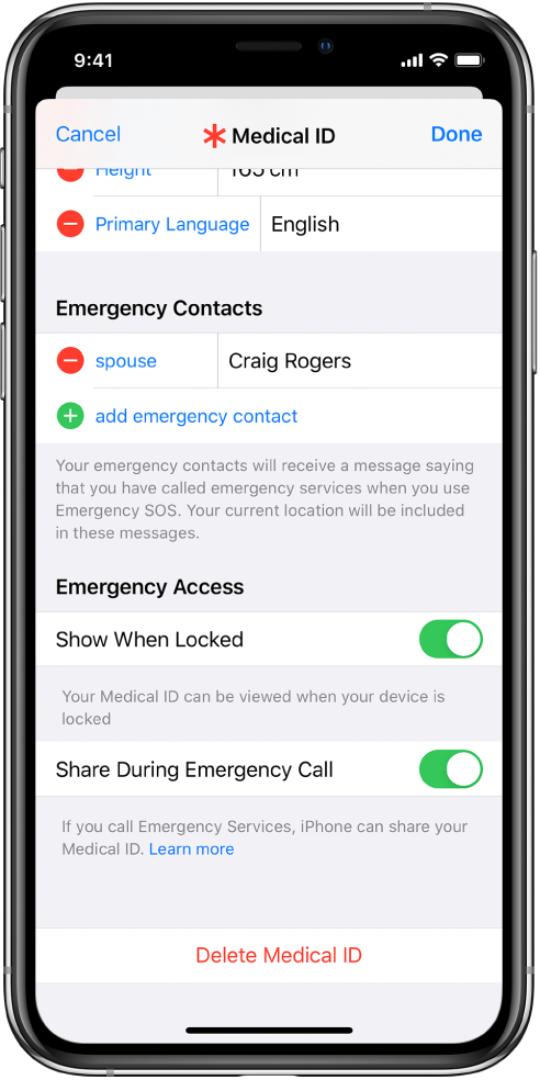 „Medical ID“ ekranas. Apačioje yra parinktys rodyti jūsų „Medical ID“ informaciją, kai „iPhone“ ekranas užrakintas ir kai skambinate pagalbos tarnyboms.
