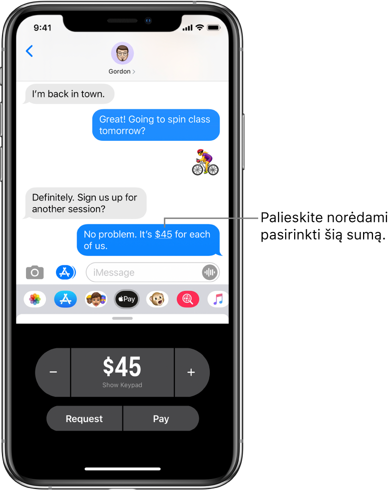 „iMessage“ pokalbis atidarius programą „Apple Pay“ apačioje.