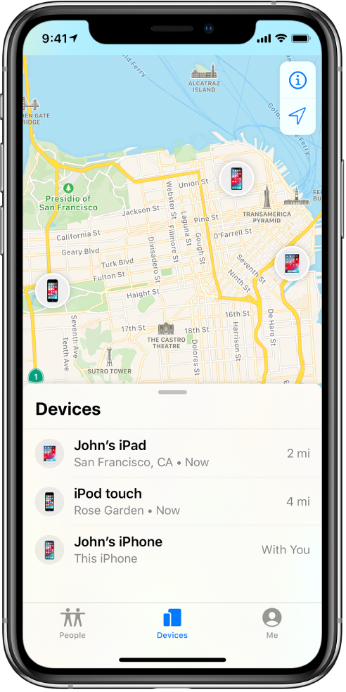 Sąraše „Devices“ yra trys įrenginiai: „John’s iPad“, „John’s iPod touch“ ir „John’s iPhone“. Jų vietos rodomos San Fransisko žemėlapyje.