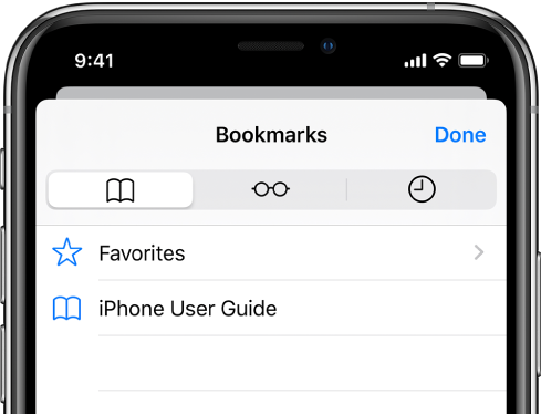 „Bookmarks“ ekranas su parinktimis peržiūrėti mėgstamiausiais pažymėtus puslapius ir naršymo istoriją.