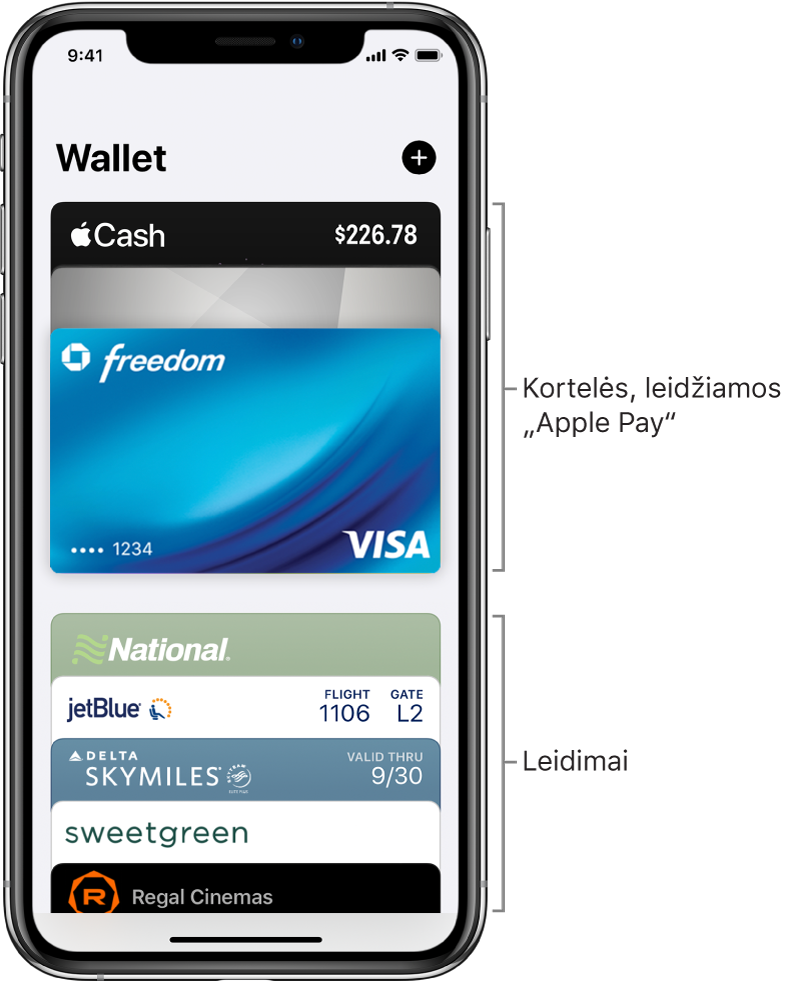 „Wallet“ ekranas, kuriame matomos kelios kredito ir debeto kortelės ir bilietai.