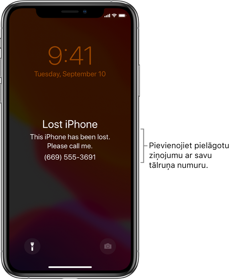 Bloķēts iPhone tālruņa ekrāns ar ziņojumu: “Lost iPhone. This iPhone has been lost. Please call me. (669) 555-3691.” Varat pievienot pielāgotu ziņojumu ar savu tālruņa numuru.