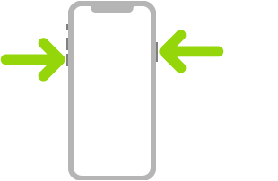 Attēls ar iPhone tālruni, kurā bultiņas norāda uz sānu pogu augšējā labajā malā un skaļuma pogu kreisajā augšējā malā.