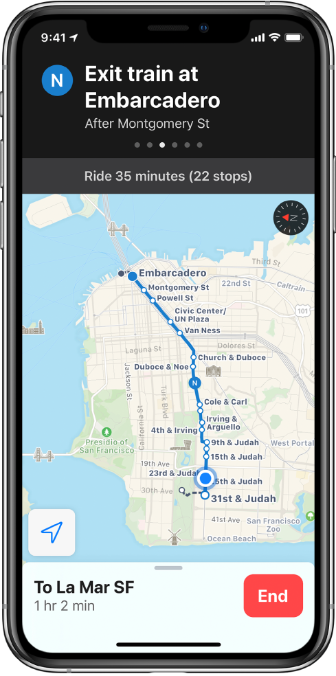 Karte ar sabiedriskā transporta maršrutu cauri Sanfrancisko. Maršruta kartīte ekrāna augšdaļā satur norādi “Exit train at Embarcadero”.