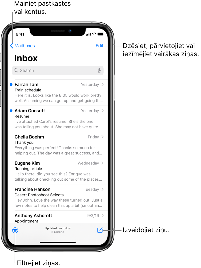 Iesūtne, kurā redzams e-pasta ziņojumu saraksts. Poga Mailboxes, kas ļauj pārslēgties uz citu pastkasti, atrodas augšējā kreisajā stūrī. Poga Edit, kas ļauj dzēst, pārvietot un iezīmēt e-pasta ziņojumus, atrodas augšējā labajā stūrī. Poga, kas ļauj filtrēt e-pasta ziņojumus, lai tiktu rādīti tikai noteikta veida ziņojumi, atrodas apakšējā kreisajā stūrī. Poga, kas ļauj izveidot jaunu e-pasta ziņojumu, atrodas apakšējā labajā stūrī.
