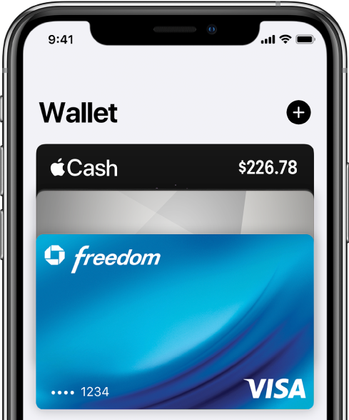 Lietotnes Wallet ekrāna augšdaļa, kurā redzamas vairākas kredītkartes un debetkartes. Augšējā labajā stūrī atrodas poga Add.