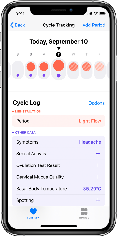 Ekrāns Cycle Tracking, kura augšdaļā ir redzama nedēļas laika josla. Iekrāsoti sarkani apļi apzīmē pirmās trīs dienas, un divas pēdējās dienas ir gaiši zilas. Zem laika joslas ir opcijas, kas ļauj pievienot informāciju par menstruācijām un simptomiem u.c. datus.