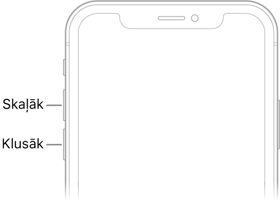 iPhone tālruņa priekšpuses augšējā daļa ar skaļuma palielināšanas un samazināšanas pogām kreisajā augšējā stūrī.