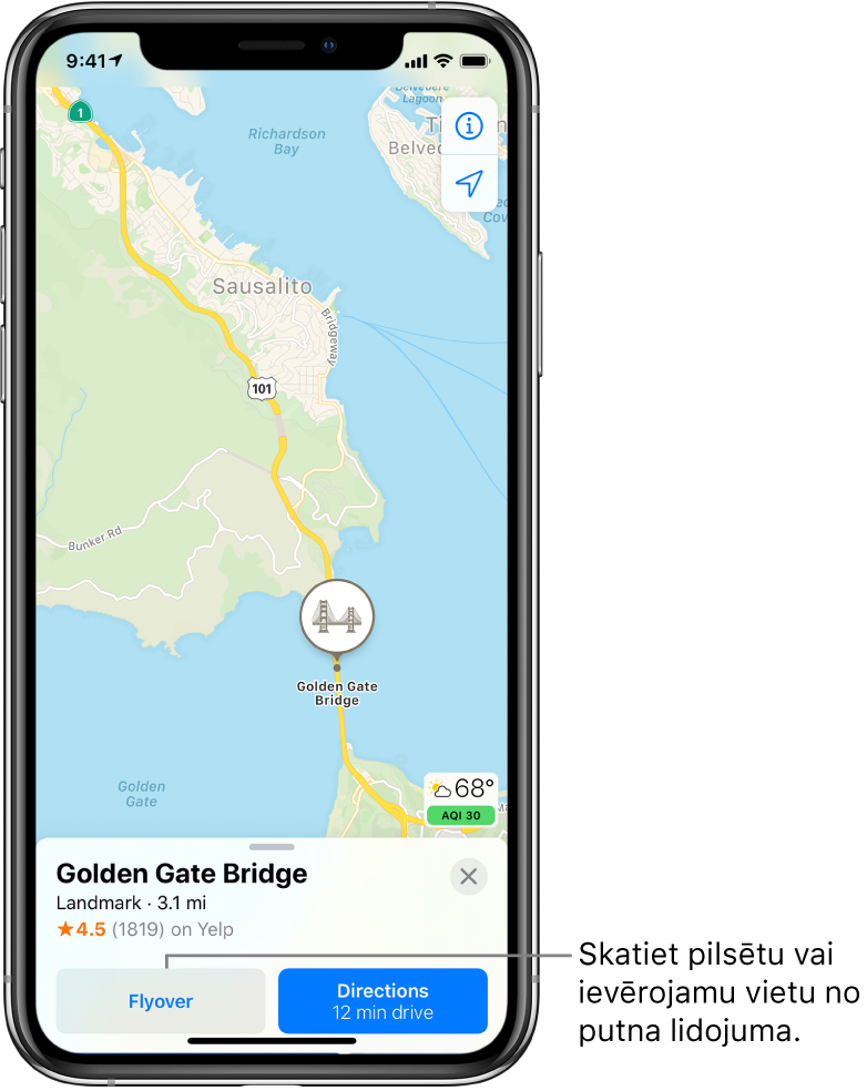Sanfrancisko karte. Ekrāna apakšdaļā Goldengeitas tilta informācijas kartīte ietver pogu Flyover pa kreisi no pogas Directions.