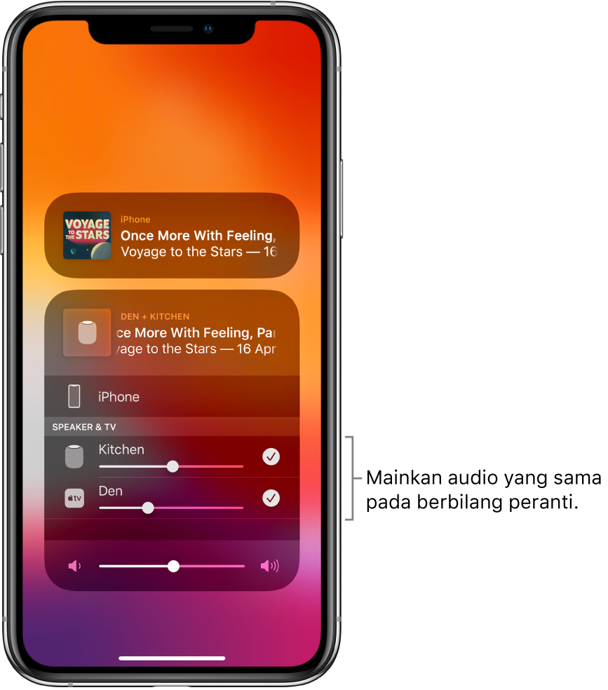 Skrin iPhone menunjukkan HomePod dan Apple TV sebagai destinasi audio dipilih.