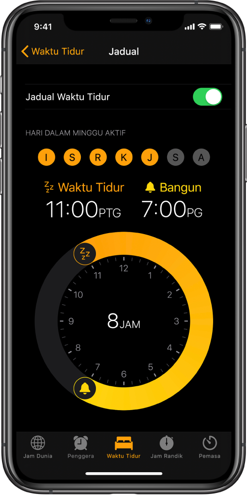 Butang Waktu Tidur dipilih dalam app Jam, menunjukkan waktu tidur bermula pada pukul 11:00 malam dan waktu bangun disetkan pada pukul 7:00 pagi.