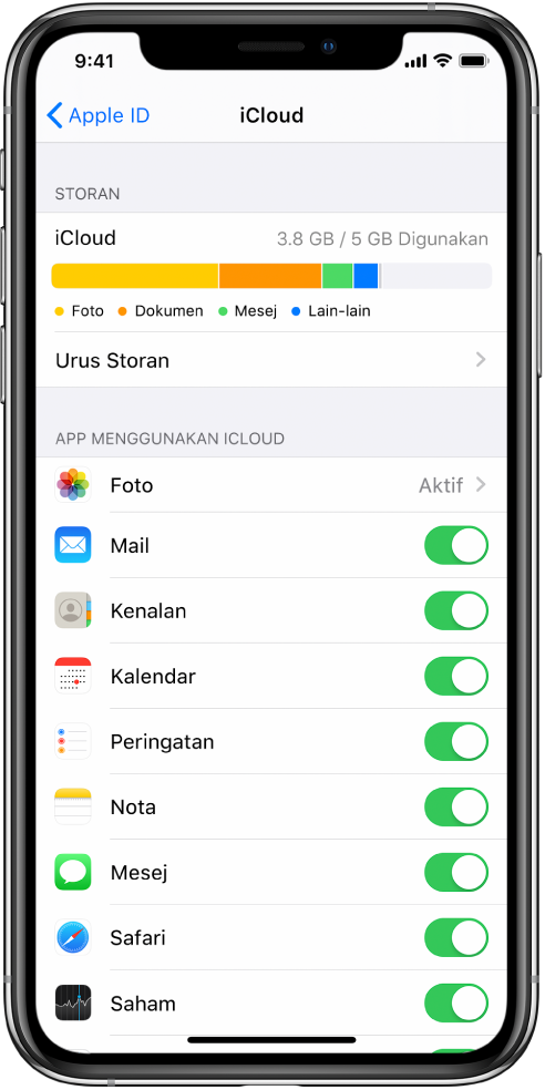 Skrin seting iCloud menunjukkan meter Storan iCloud dan senarai app dan ciri, termasuk Mail, Kenalan dan Mesej yang boleh digunakan dengan iCloud.