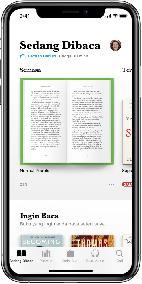 Skrin Sedang Baca dalam app Buku. Di bahagian bawah skrin adalah, daripada kiri ke kanan, tab Senarai Dibaca, Pustaka, Kedai Buku, Buku Audio dan Cari.