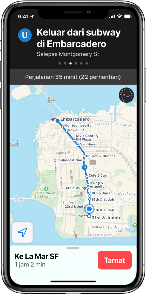 Peta laluan transit merentasi San Francisco. Kad laluan di bahagian atas skrin menunjukkan arahan “Keluar daripada tren di Embarcadero”.