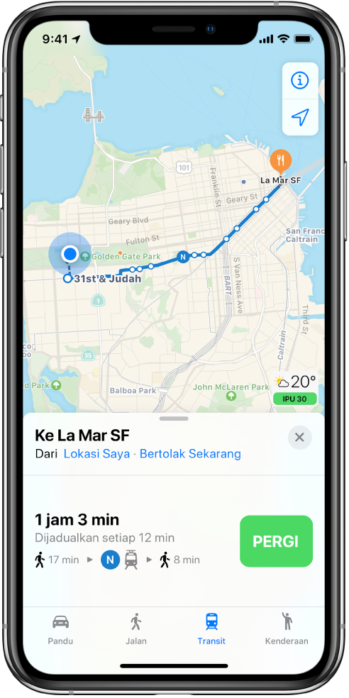 Peta menunjukkan laluan transit merentasi San Francisco. Kad laluan di bahagian bawah skrin disertakan butang Pergi.