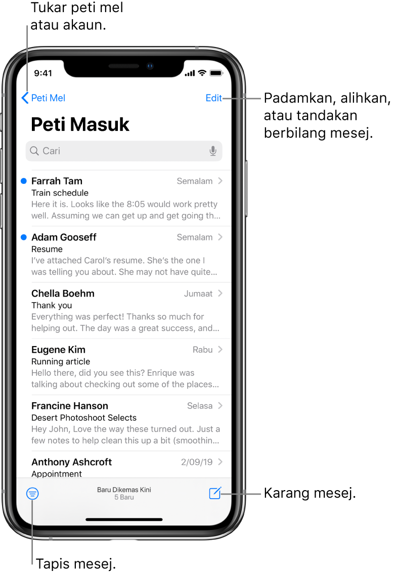 Peti Masuk, menunjukkan senarai e-mel. Butang Peti Mel untuk bertukar ke peti mel lain berada di penjuru kanan atas. Butang Edit untuk memadam, mengalihkan, atau menanda e-mel di penjuru kanan atas. Butang untuk menapis e-mel supaya hanya beberapa jenis e-mel ditunjukkan berada di penjuru kiri bawah. Butang untuk mengarang e-mel baru berada di penjuru kanan