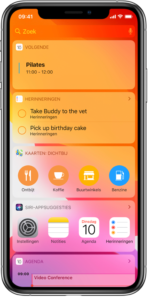 De Vandaag-weergave met widgets voor 'Volgende', 'Herinneringen', 'Kaarten: dichtbij', 'Siri-appsuggesties' en 'Agenda'.