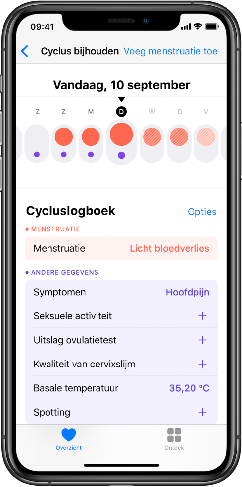 Het scherm 'Cyclus bijhouden' in de Gezondheid-app.