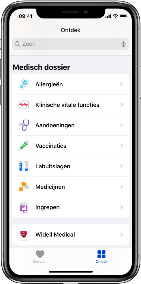 Het scherm 'Medische dossiers' in de Gezondheid-app. Op het scherm staat een lijst met categorieën zoals 'Allergieën', 'Klinische vitale functies' en 'Aandoeningen'. Onder de lijst met categorieën staat een knop voor Widell Medical. Onder in het scherm is de knop 'Ontdek' geselecteerd.