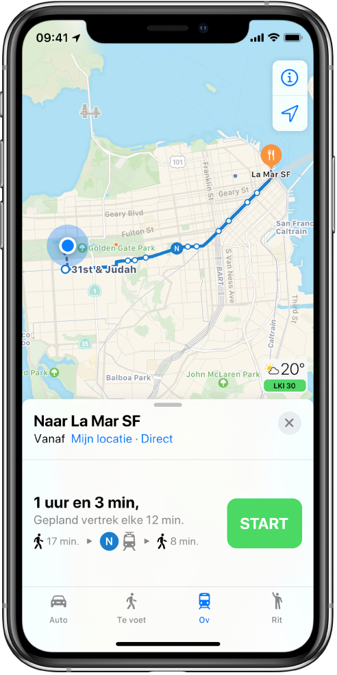 Een kaart met een ov-route door San Francisco. Op de routekaart onder in het scherm staat een knop 'Ga'.