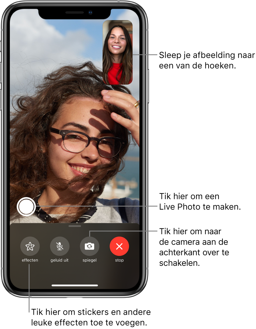 Het FaceTime-scherm met daarin een gesprek dat aan de gang is. Het beeld van jezelf wordt weergegeven in een kleine rechthoek rechtsbovenin, terwijl het beeld van je gesprekspartner de rest van het scherm vult. Onder in het scherm zie je de knoppen voor effecten, geluid uit, andere camera en het stoppen van het gesprek. Daarboven zie je de knop voor het maken van een Live Photo.