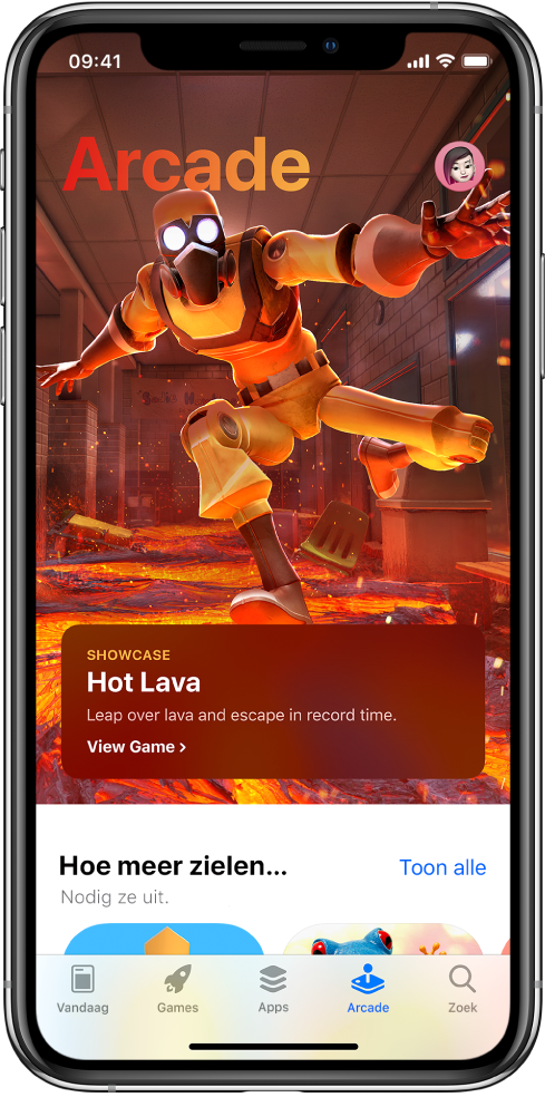 Het Arcade-scherm in de App Store met een uitgelichte game. Rechtsbovenin staat je profielfoto. Hier tik je op om je aankopen te bekijken en je abonnementen te beheren. Onder in het scherm staan van links naar rechts de tabbladen 'Vandaag', 'Games', 'Apps', 'Arcade' en 'Zoek'.