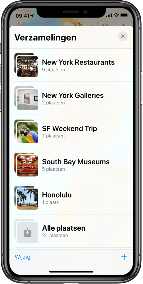 Een lijst met verzamelingen in de Kaarten-app. Van boven naar beneden staan de verzamelingen 'Restaurants in New York', 'Galerieën in New York', 'Weekend in San Francisco', 'Museums in de South Bay', 'Honolulu' en 'Alle plaatsen'. Linksonderin staat de knop 'Wijzig' en rechtsonderin staat de toevoegknop.