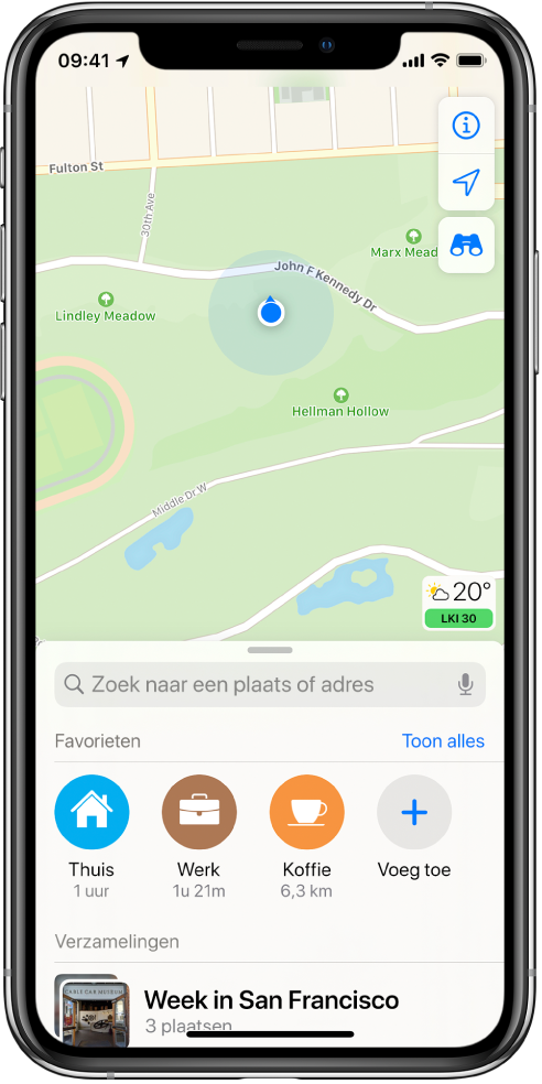 Een kaart met de huidige locatie in een stadspark.