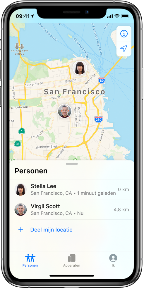 Er staan twee vrienden in de lijst 'Personen': Stella Lee en Virgil Scott. Hun locaties worden op een kaart van San Francisco weergegeven.