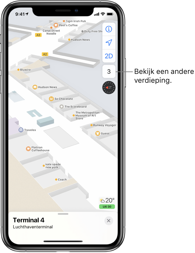 Een plattegrond van een luchthaventerminal. Op de kaart worden bedrijven en boarding gates aangegeven.