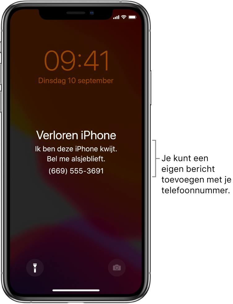 Het toegangsscherm van een iPhone met het bericht: "Verloren iPhone. Ik ben deze iPhone kwijt. Bel me alsjeblieft. (669) 555- 3691." Je kunt een eigen bericht toevoegen met je telefoonnummer.