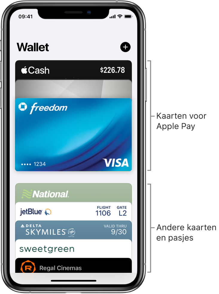 Het Wallet-scherm met diverse creditcards, betaalkaarten en pasjes.