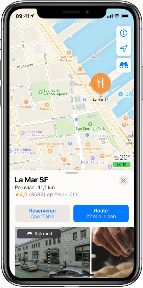 Een kaart met de locatie van een restaurant. Op de informatiekaart onder in het scherm staan knoppen voor reserveren en een routebeschrijving.