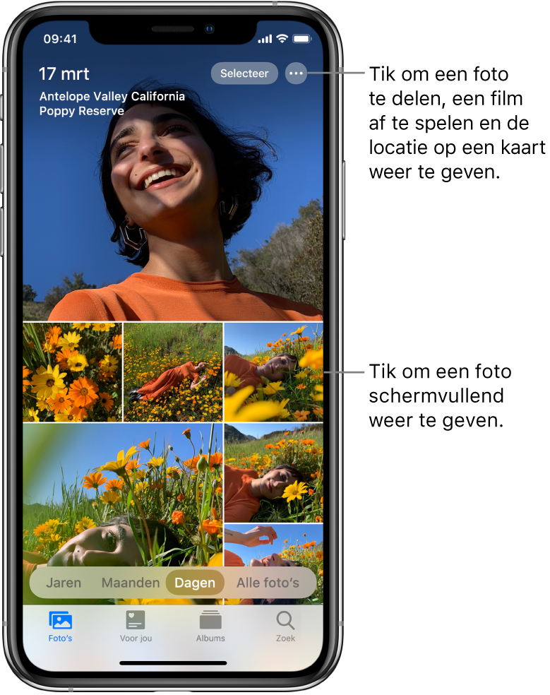 De fotobibliotheek in de weergave 'Dagen'. Een selectie van fotominiaturen vult het scherm. Linksboven in het scherm is te zien op welke datum en welke locatie de foto's zijn genomen. Rechtsboven staan de knoppen 'Selecteer' en 'Meer opties' om foto's te delen en details ervan te bekijken. Onder de miniaturen staan opties om de fotobibliotheek in de weergaven 'Jaren', 'Maanden', 'Dagen' en 'Alle' te zien. Onder in het scherm zie je de tabbladen 'Foto's', 'Voor jou', 'Albums' en 'Zoek'.