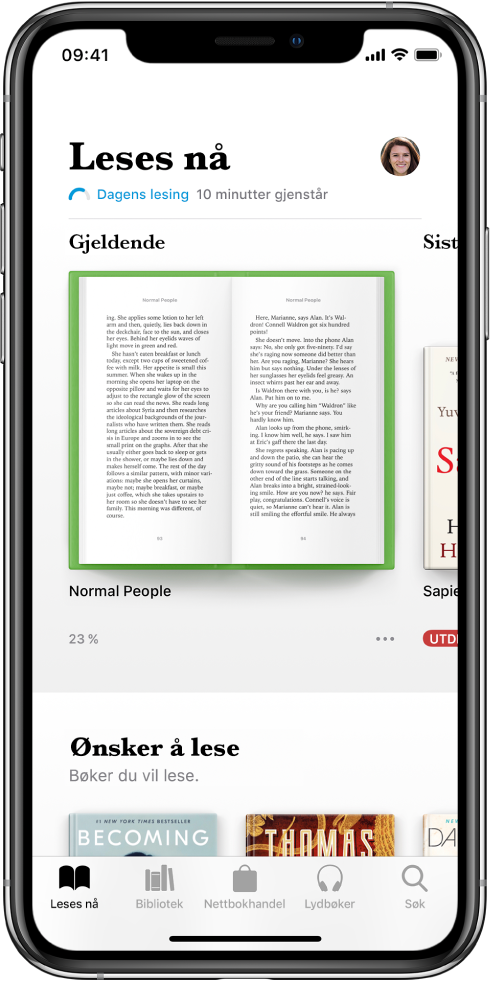 Leser nå-skjermen i Bøker-appen. Nederst på skjermen, fra venstre mot høyre vises fanene Leses nå, Bibliotek, Nettbokhandel, Lydbøker og Søk.