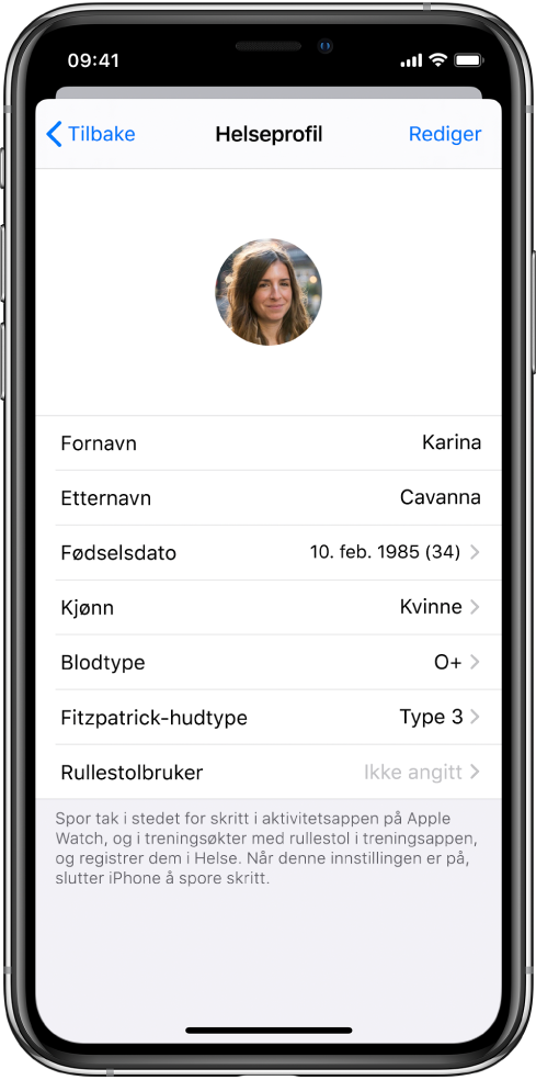 Helseprofil-skjermen for en 34 år gammel kvinne med blodtype O+.