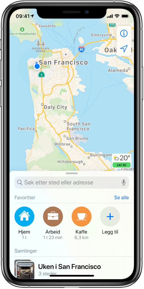 Et kart av San Francisco Bay Area med to favoritter vist under søkefeltet. Favorittene er Hjem og Jobb.