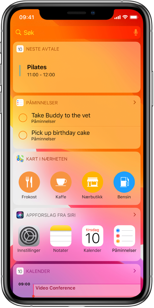 Dagsoversikten viser widgeter for Neste, Påminnelser, Kart i nærheten, Appforslag fra Siri og Kalender.