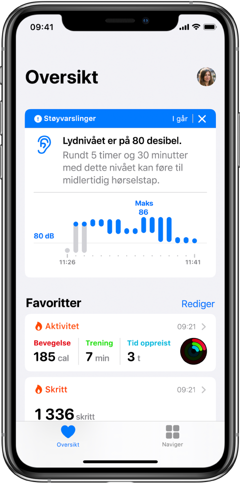 En Oversikt-skjerm som viser et lydvarsel øverst, med oppsummeringer for to favoritter under: Aktivitet og Skritt.