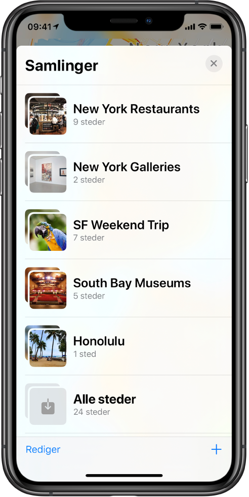 En liste med samlinger i Kart-appen. Samlingene fra øverst til nederst er New York-restauranter, New York-gallerier, SF-helgetur, South Bay-museer, Honolulu og Alle steder. Nede til venstre er Rediger-knappen, og nede til høyre er Legg til-knappen.