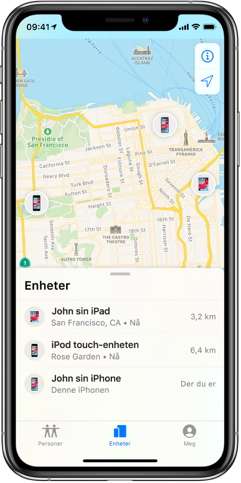 Det finnes tre enheter i Enheter-listen: Johns iPad, Johns iPod touch og Johns iPhone. Posisjonene deres vises på et kart over San Francisco.