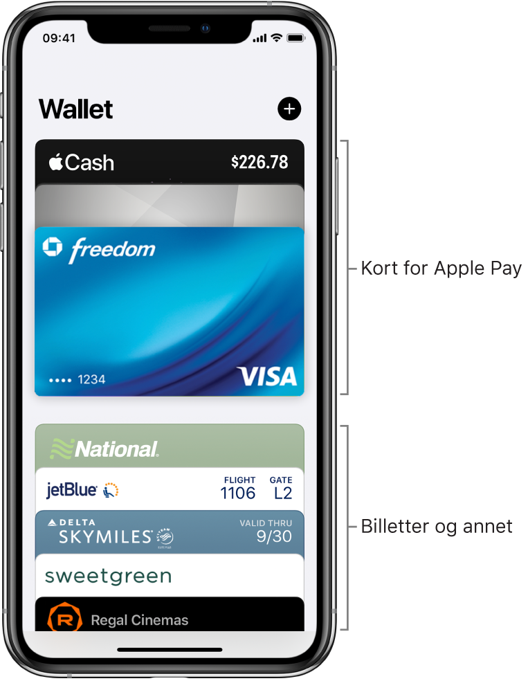 Wallet-skjermen, med flere kreditt- og debetkort og billetter.