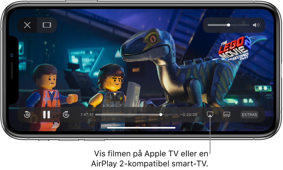 En film spilles av på iPhone-skjermen. Nederst på skjermen vises avspillingskontrollene, inkludert Like skjermer-knappen nederst til høyre.