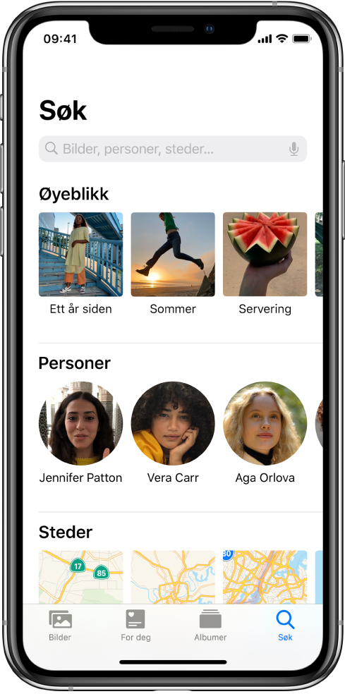 Søk-fanen, med forslag for Øyeblikk, Personer og Steder. Søkefeltet er øverst.