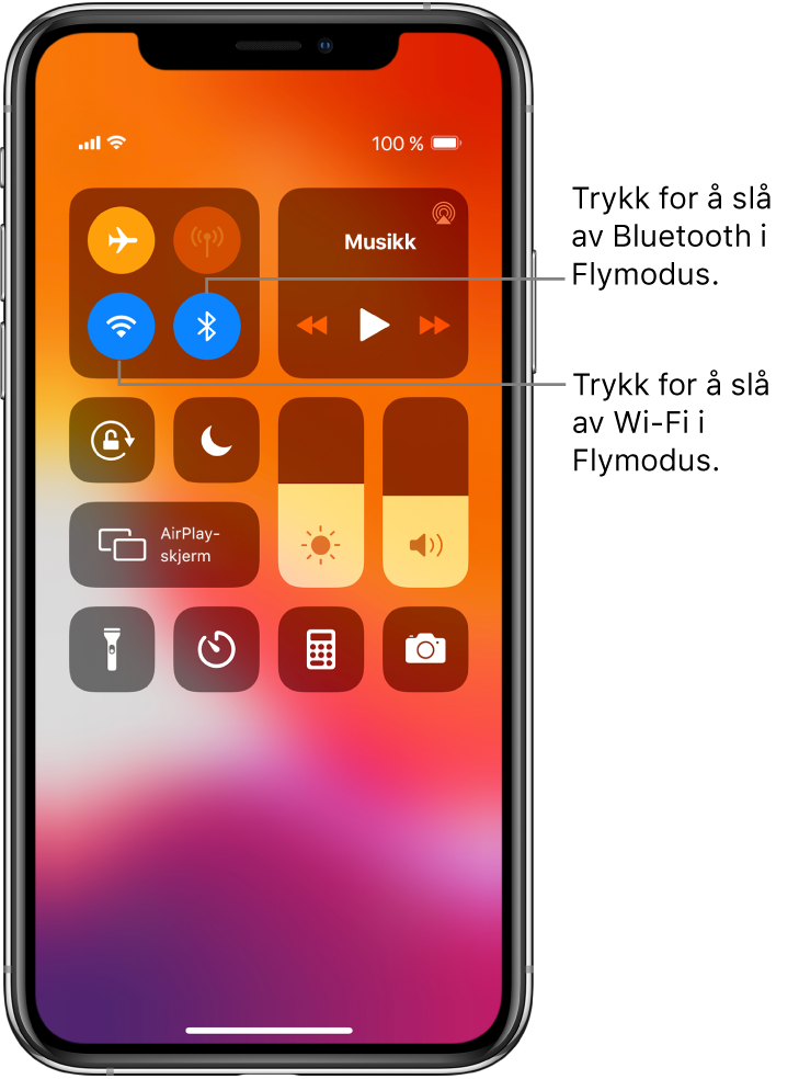 Kontrollsenter med flymodus på, og med tekst som forklarer at Wi-Fi slås av ved å trykke på knappen nederst til venstre i gruppen oppe til venstre, mens Bluetooth slås av ved å trykke på knappen nederst til høyre i samme gruppe.