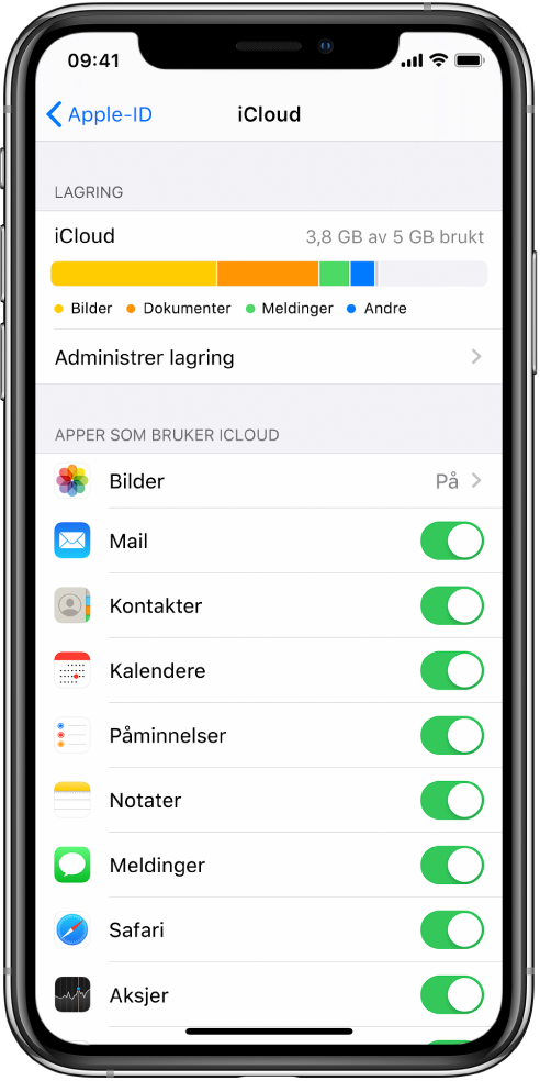 Innstillingsskjermen for iCloud, med iCloud-lagringsmåleren og en liste med apper og funksjoner, blant annet Mail, Kontakter og Meldinger, som kan brukes sammen med iCloud.