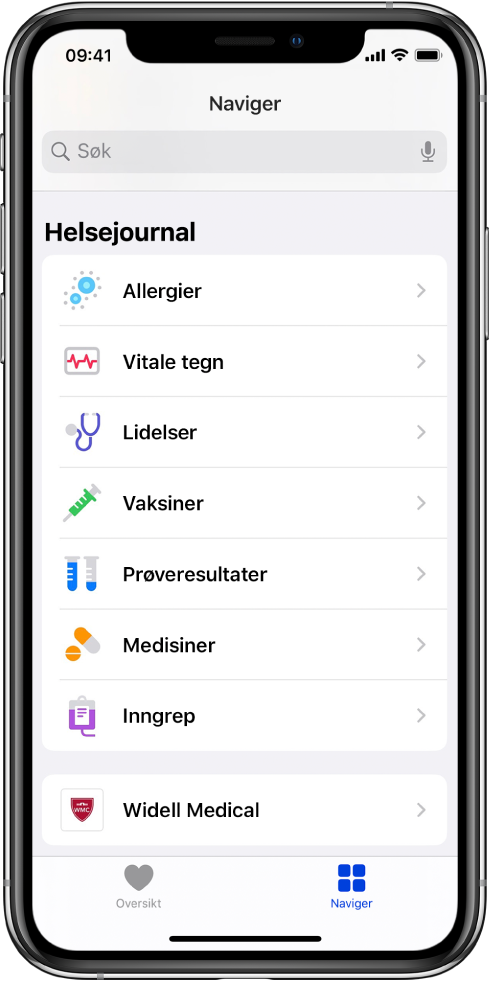 Helsejournaler-skjermen i Helse-appen. Skjermen viser kategorier som omfatter Allergier, Vitale tegn og Lidelser. Under listen med kategorier er en knapp for Widell Medical. Naviger-knappen er valgt nederst på skjermen.