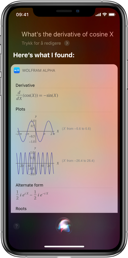 Et svar på spørsmålet «What’s the derivative of cosine x?» Skjermen viser, fra øverst til nederst, en ligning, to grafer og ekstra informasjon.