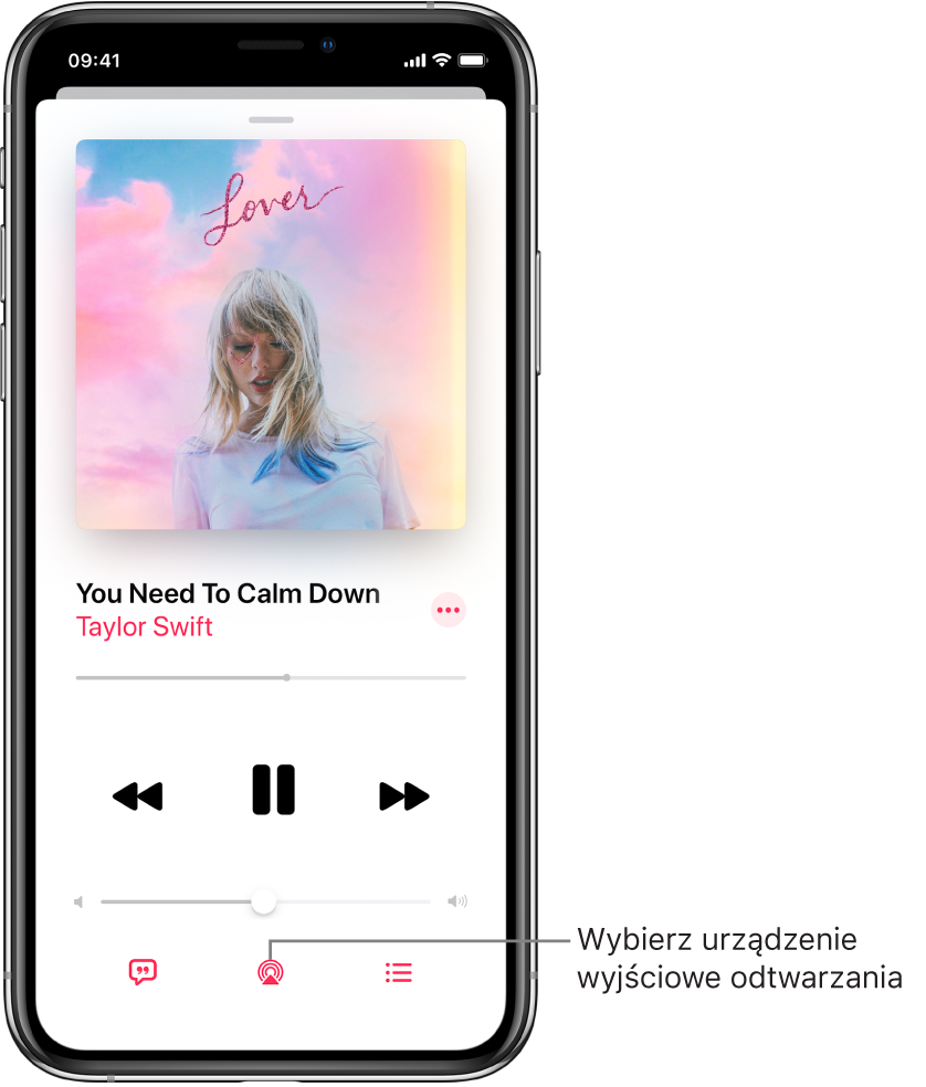 Narzędzia odtwarzania na ekranie Odtwarzane w aplikacji Muzyka, w tym widoczny na dole ekranu przycisk urządzenia wyjściowego odtwarzania.