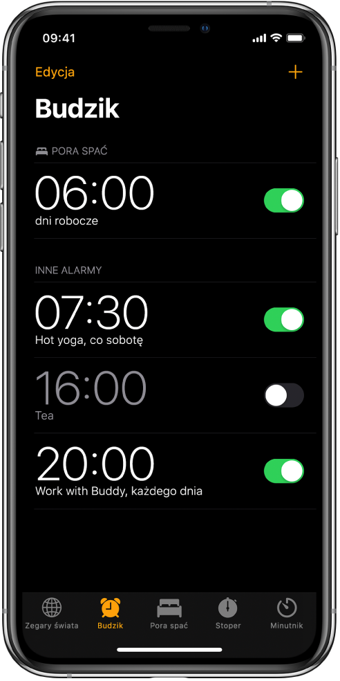 Karta Alarm z czterema alarmami ustawionymi na różne godziny.